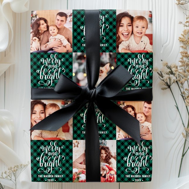 Papier Cadeau Buffalo Plaid Joyeux Et Lumineux Photo De Noël (Créateur téléchargé)