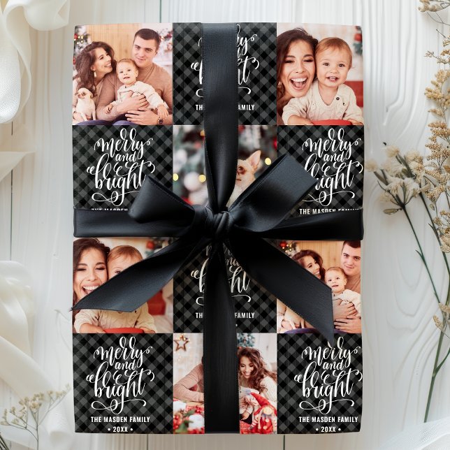 Papier Cadeau Buffalo Plaid Joyeux Et Lumineux Photo De Noël (Créateur téléchargé)