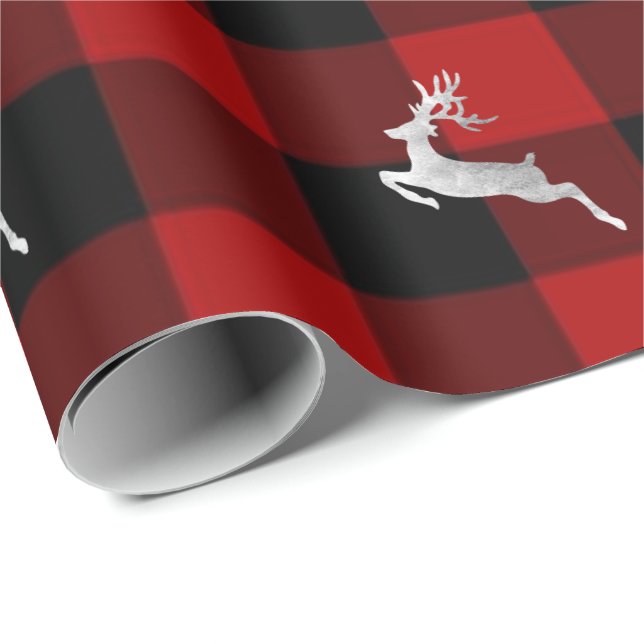 Papier Cadeau Buffalo Plaid Lomberjack Christmas Deer Silver (Coin rond)
