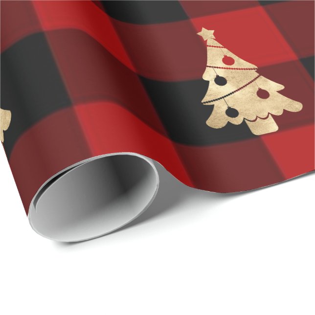 Papier Cadeau Buffalo Plaid Lomberjack Christmas Tree Gold (Coin rond)