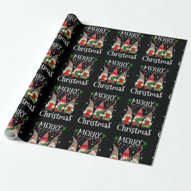 Papier Cadeau Buffalo Trois Gnomes Plaid Red Joyeux Noël Xma (Déroulé)