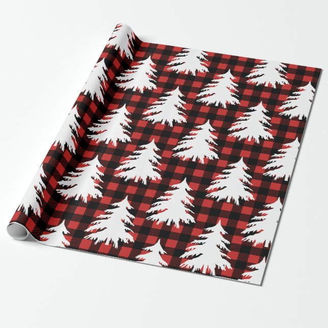 Papier Cadeau Buffle Noir Rustique Vérifier Plaid Arbres Blancs (Déroulé)