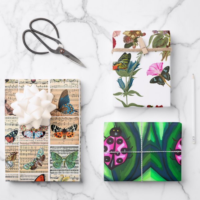 Papier Cadeau bugs de dames Papillons Insecte Feuille Fleurs de  (Recto)