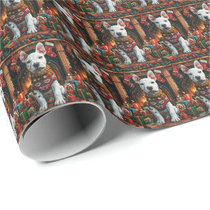 Papier Cadeau Bull Terrier avec cheminée de cadeaux de Noël