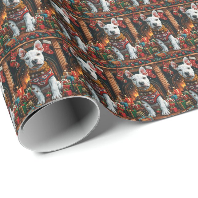 Papier Cadeau Bull Terrier avec cheminée de cadeaux de Noël (Coin rond)