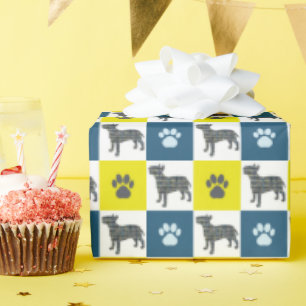 Papier Cadeau Bull Terrier Chien & Paw Yellow & Blue Grid