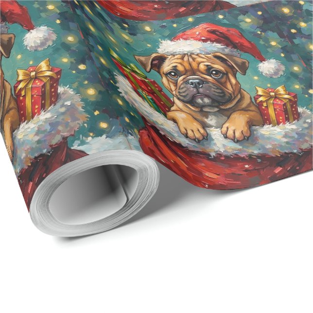 Papier Cadeau Bulldog Christmas Santa Bag Adventure (Coin rond)