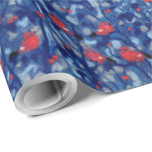 Papier Cadeau Bullfinies, oiseaux rouges, arbres de la forêt bl