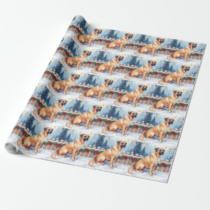 Papier Cadeau Bullmastiff Forêt d'Hiver Houx Art de Noël