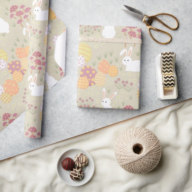 Papier Cadeau Bunnies de Pâques, Oeufs et Fleurs Couleurs pastel (Artisanat)