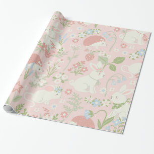 Papier Cadeau Bunnies de printemps rose Floral