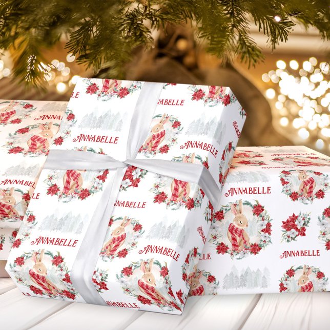 Papier Cadeau Bunny Poinsettia Aquarelle Nom Noël (Bunny Poinsettia Watercolor Name Christmas Wrapping Paper)