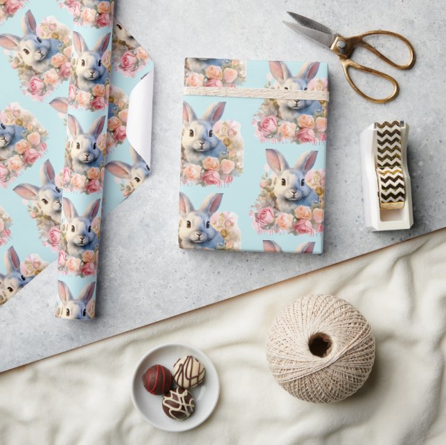 Papier Cadeau Bunny with a Garland of Roses Cute Pattern (Artisanat)