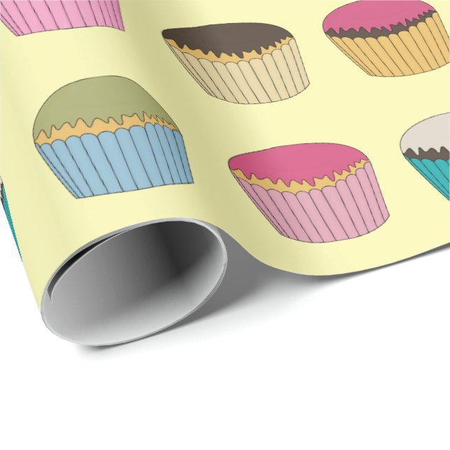 Papier Cadeau Buns glacés Cupcake Gâteaux Motif jaune coloré (Coin rond)