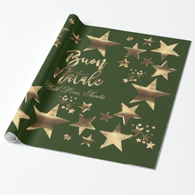 Papier Cadeau Buon Natale Stars Green Gold Script Noël (Déroulé)