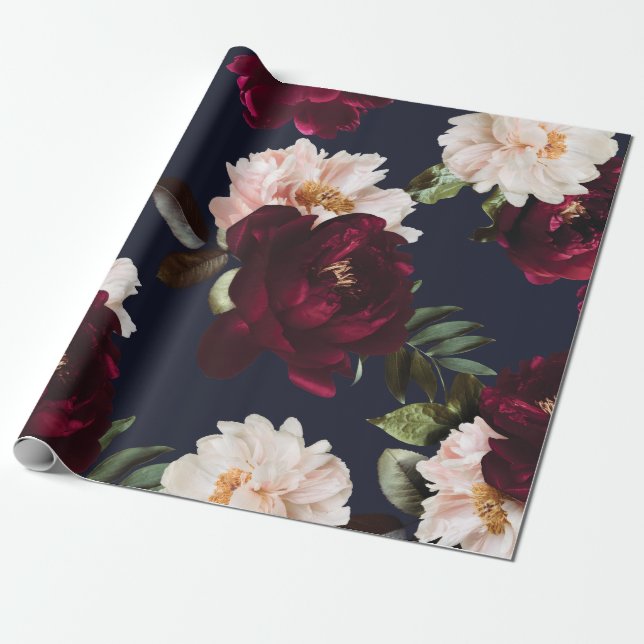 Papier Cadeau Burgundy Blush Navy Blue Floral Dark Moody Peonies (Déroulé)
