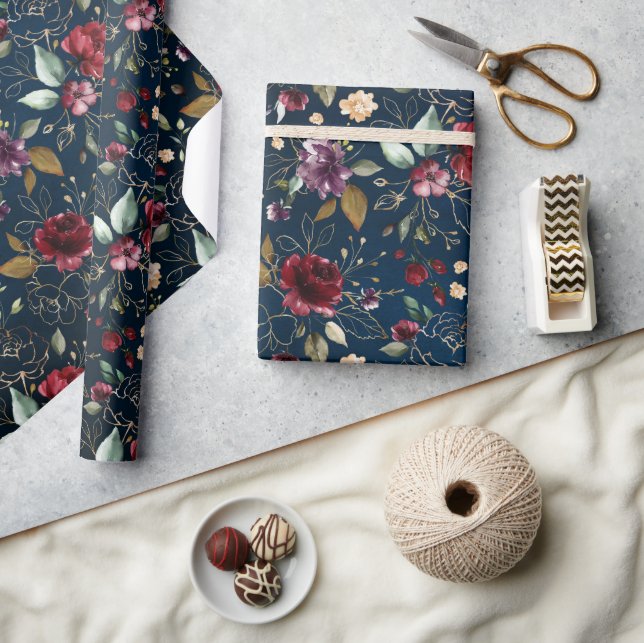 Papier Cadeau Burgundy Navy Blue Blush Floral mariage (Artisanat)