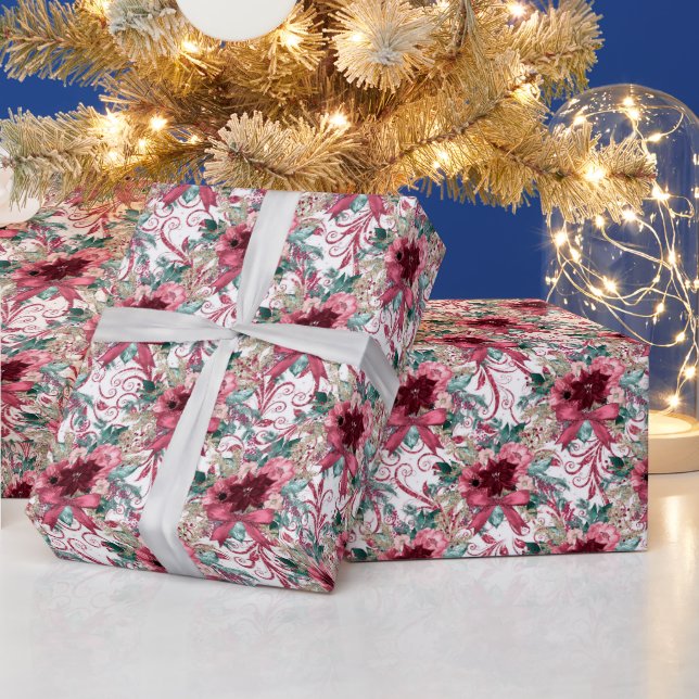 Papier Cadeau Burgundy Noël Poinsettia Aquarelle (Vacances)