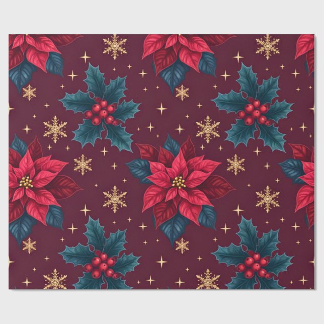 Papier Cadeau Burgundy Poinsettia & Gold Snowflake Dark Feminine (Plat)