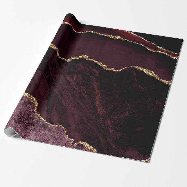 Papier Cadeau Burgundy Red Agate Faux Gold Parties scintillant (Déroulé)