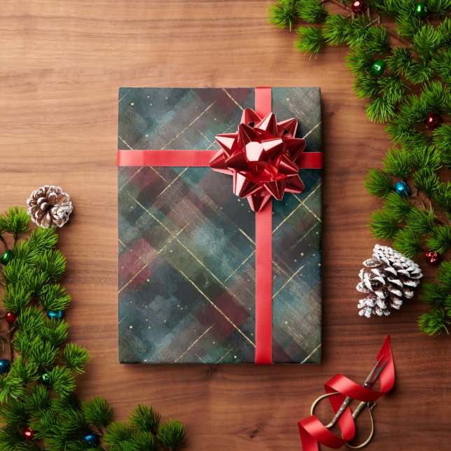 Papier Cadeau Burgundy Red Blue Green Gold Plaid Christmas (Cadeau de vacances)