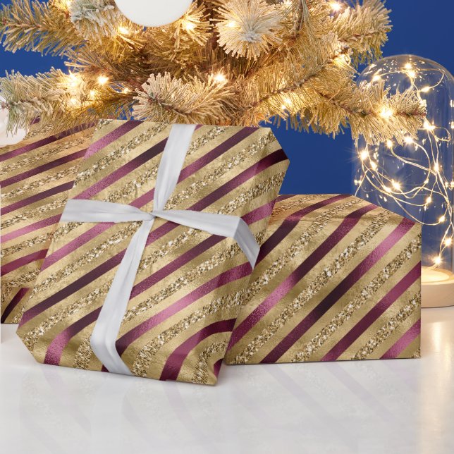 Papier Cadeau Burgundy Red Gold Parties scintillant Stripes (Vacances)