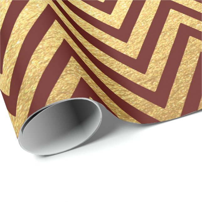 Papier Cadeau Burgundy Red Gold Stripes Lines Zig Zag Chevron (Coin rond)