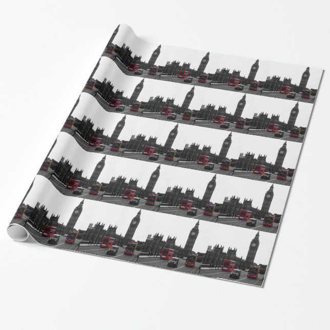 Papier Cadeau bus touristique rouge et Big Ben de Londres (Déroulé)
