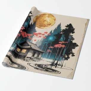 Papier Cadeau Cabane au Clair de Lune, Art de la Forêt Japonaise