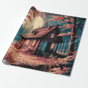 Papier Cadeau Cabane au Clair de Lune, Art de la Forêt Japonaise