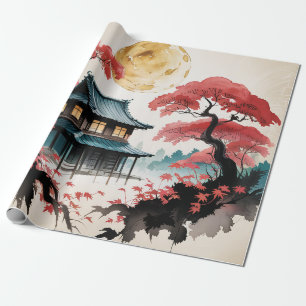 Papier Cadeau Cabane au Clair de Lune Forêt Japonaise Art (5)