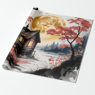 Papier Cadeau Cabane au Clair de Lune Forêt Japonaise Art (7)