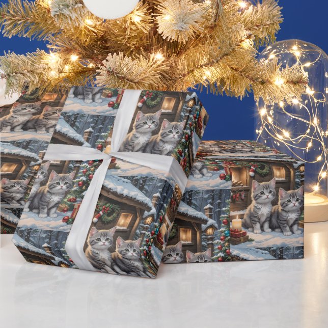 Papier Cadeau Cabane de campagne, chatons mignons et sapin de No (Vacances)