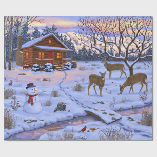 Papier Cadeau Cabane d'hiver cerf dans la neige scène de Noël