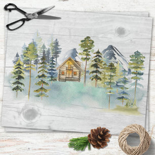 Papier Cadeau Cabine de montagne rustique forêt brumeuse aquarel