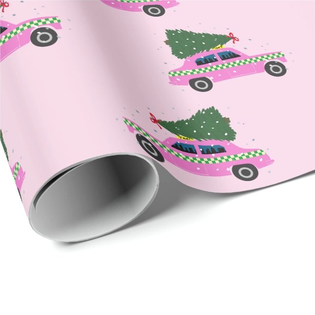 Papier Cadeau Cabine rose Taxi sapin Motif Noël rose (Coin rond)