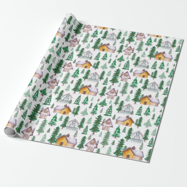 Papier Cadeau Cabines douillets en Pine Forest Motif aquarelle (Déroulé)