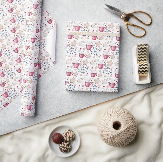 Papier Cadeau Cacao Chaud De Noël Et Cookies Aquarelle (Artisanat)