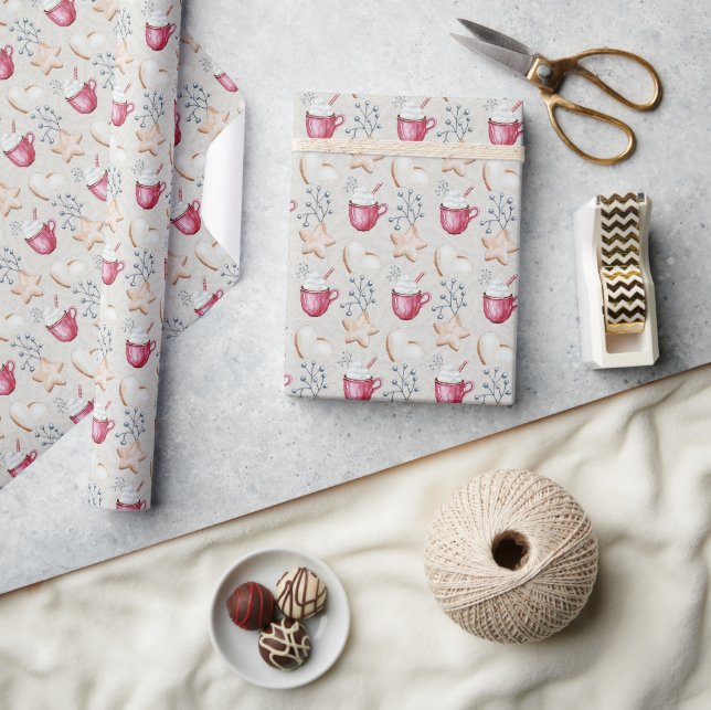 Papier Cadeau Cacao Chaud De Noël Et Cookies Aquarelle (Artisanat)