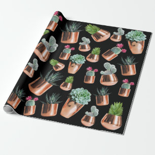 Papier Cadeau Cactus et succulents dans des pots d'or Roses