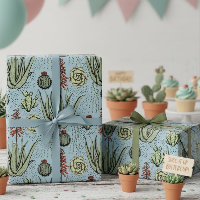 Papier Cadeau Cactus et succulents du désert Bleu Occidental (Elegant French Blue Succulent & Greenery Birthday Wrapping Paper 4 Plant Lover. Desert Cacti Pattern)