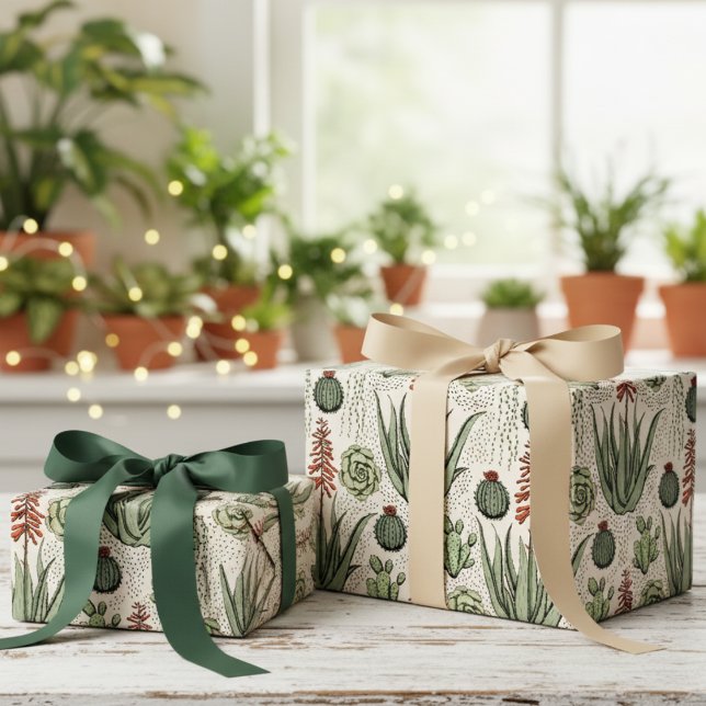 Papier Cadeau Cactus et succulents du désert d'ivoire occidental (Colorful Aloe Vera Plant & Green Succulents Wrapping Paper. Floral Nature Green Cacti Desert Pattern)