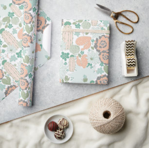 Papier Cadeau Cactus Motif Succulent Coral Green