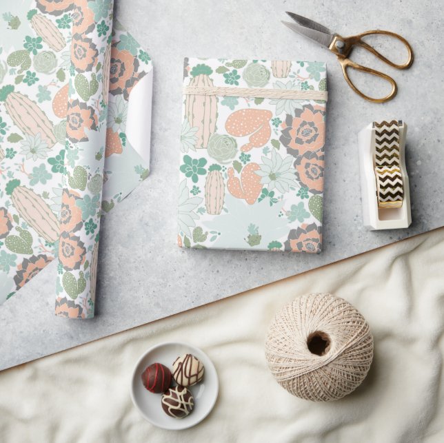 Papier Cadeau Cactus Motif Succulent Coral Green (Artisanat)