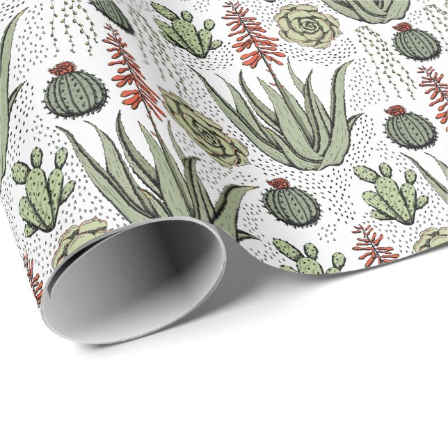 Papier Cadeau Cactus Succulent Aloe Vera Blanc (Coin rond)