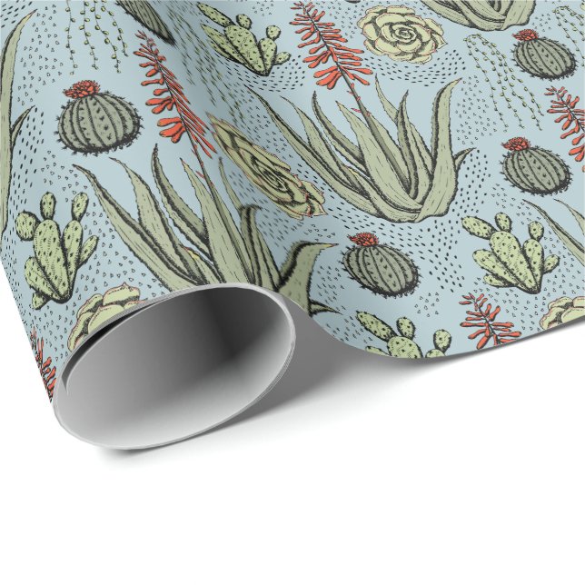 Papier Cadeau Cactus Succulent Aloe Vera Bleu Français (Coin rond)