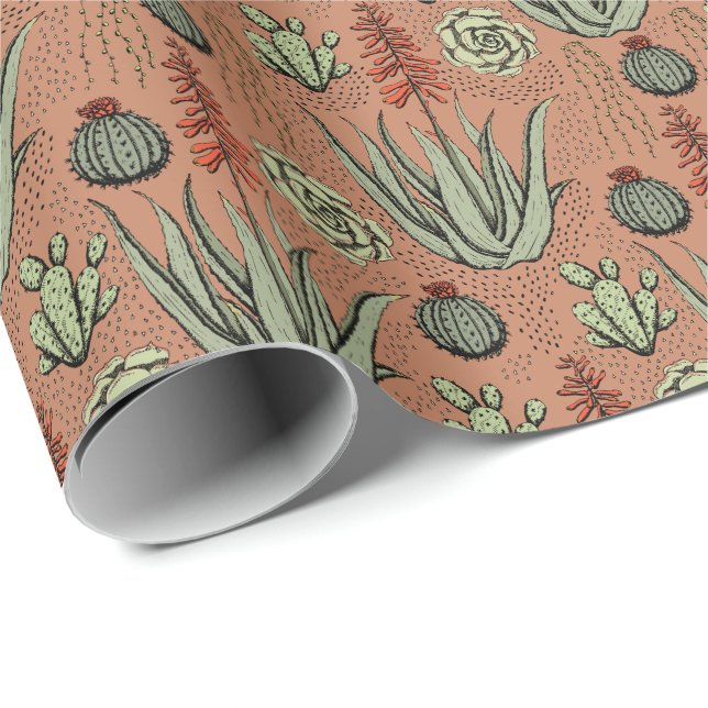 Papier Cadeau Cactus Succulent Aloe Vera Terracotta (Coin rond)