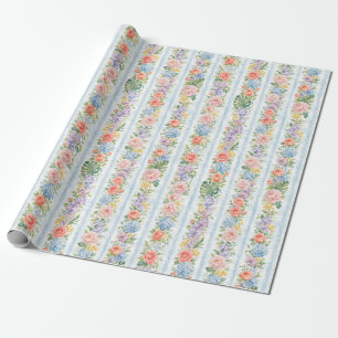Papier Cadeau Cadeau aquarelle à rayures florales rose bleu