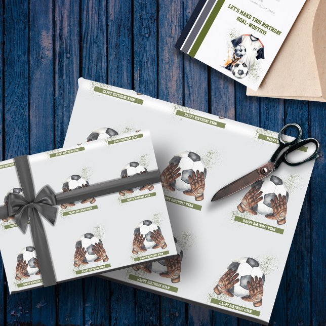 Papier Cadeau Cadeau d'anniversaire de soccer personnalisé pour  (Green Blue Soccer Birthday Party White Background)