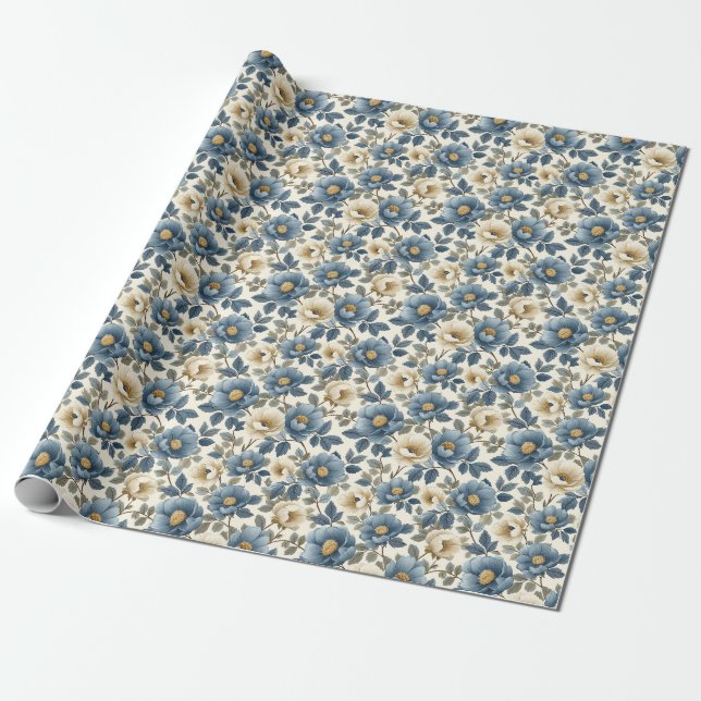 Papier Cadeau Cadeau d'anniversaire | Flore bleu et blanc sans j (Déroulé)
